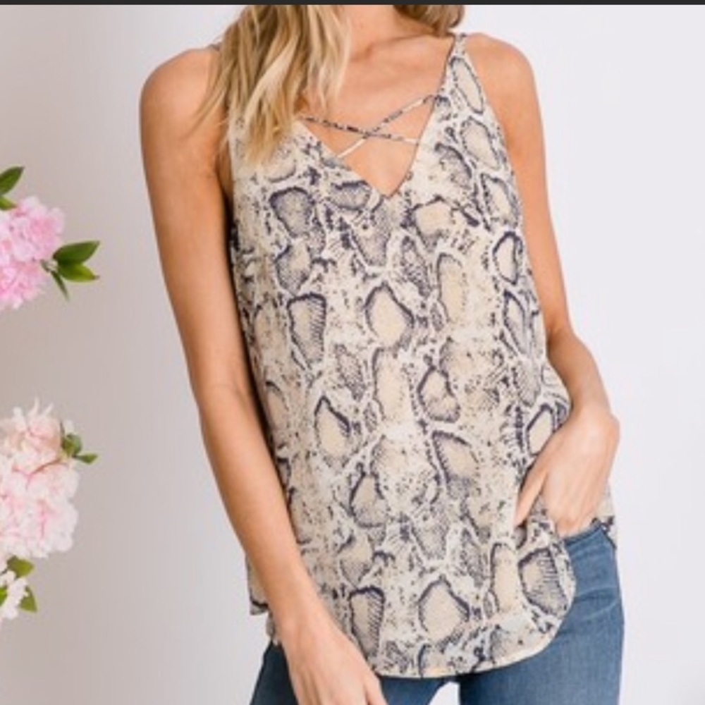 Snake print tank w/ criss-x detail front & back!